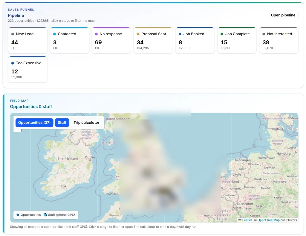 Sales funnel stages and a UK field map of opportunities. Personal names on the map are blurred.
